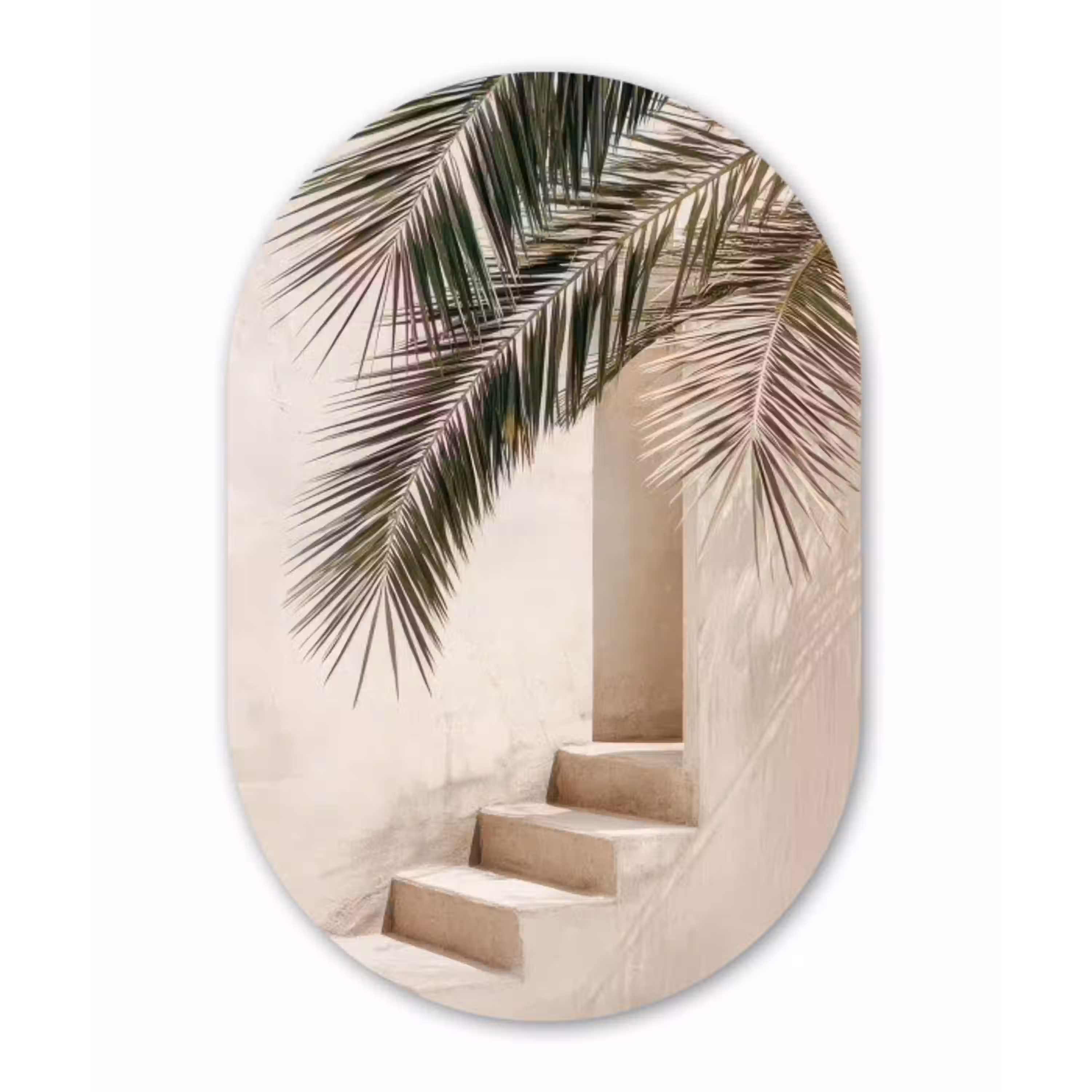 Palmboom - Schaduw - Trap - Beige Wandcirkel Ovaal Aluminium middel -3d