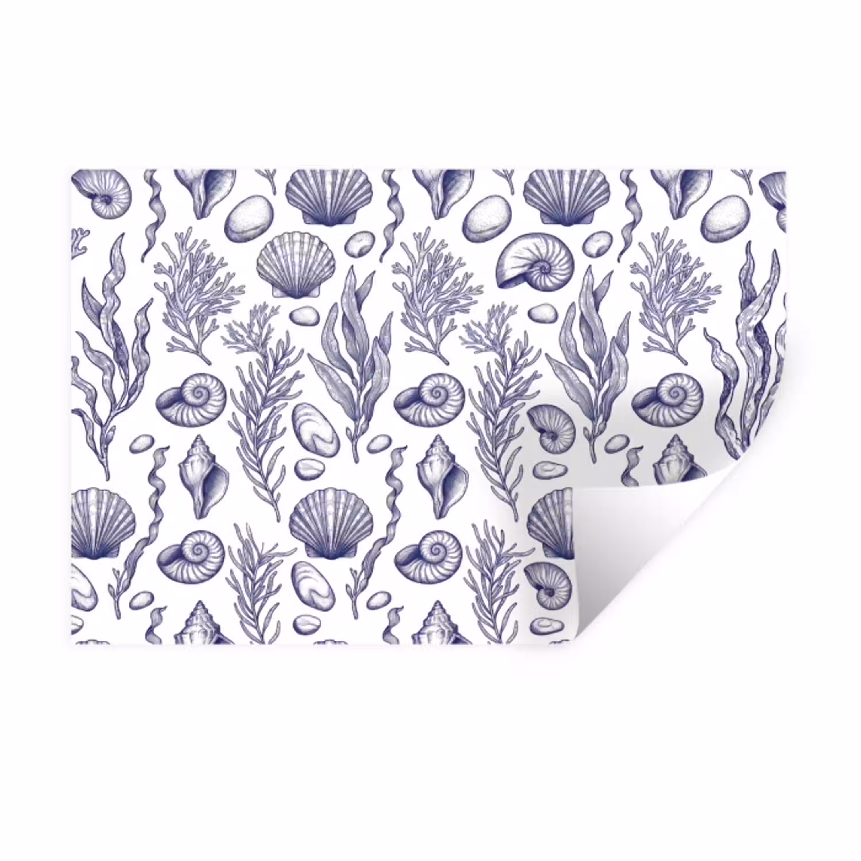 Schelpen - Zeewier - Oceaan - Illustratie - Blauw Muursticker klein -3d