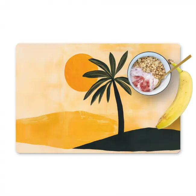 Illustratie - Palmboom - Zon - Heuvels Placemat vinyl groot -zzzproduct_Kitchenyeah-website
