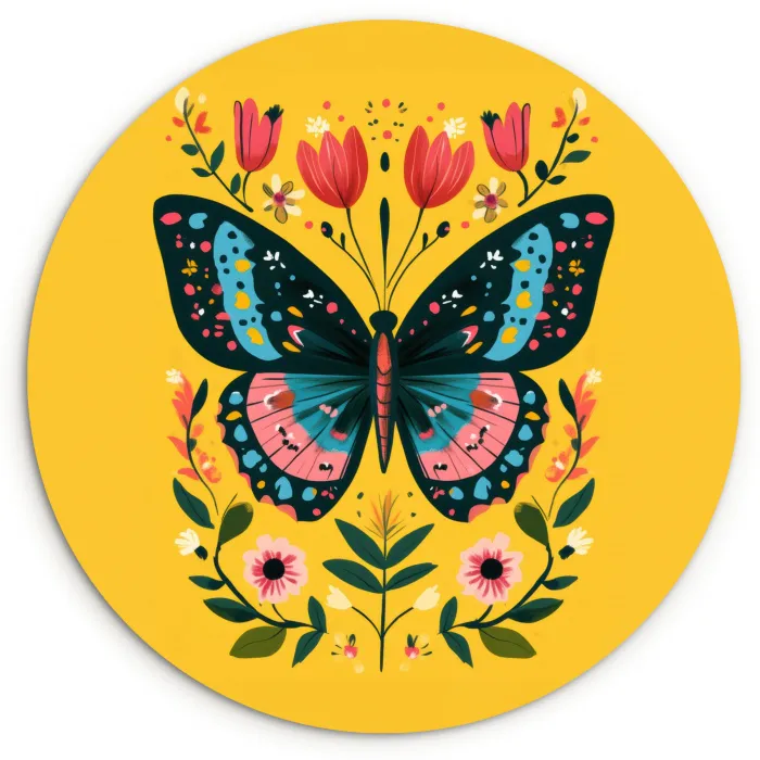 Bloemen - Kleurrijk - Vlinder - Sierlijk Wandcirkel kunststof plaat 5mm dik klein -3d