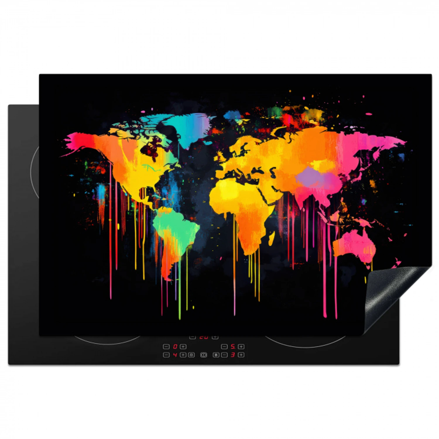Wereldkaart - Verf - Kleurrijk - Graffiti - Wereld Inductie beschermer vinyl 3mm klein -3d