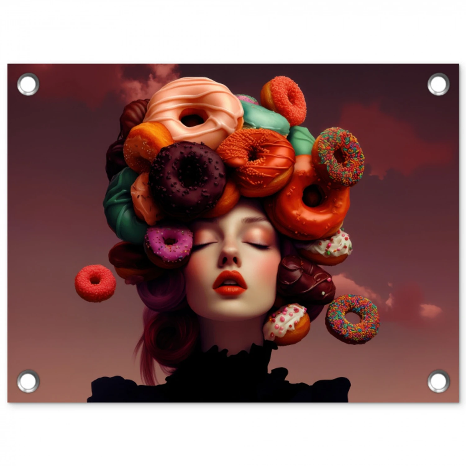 Vrouw - Donuts - Kleurrijk tuinposter los doek klein -3d