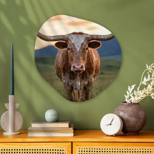 Longhorn - Landschap - Zonsondergang Wandcirkel Organisch Aluminium middel -sfeer2