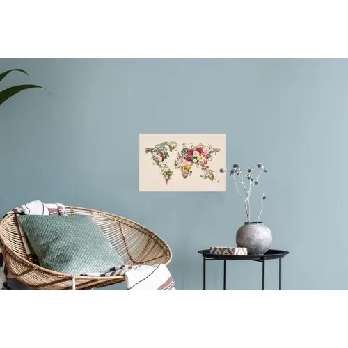Wereldkaart - Bloemen - Roze Muursticker klein -plant