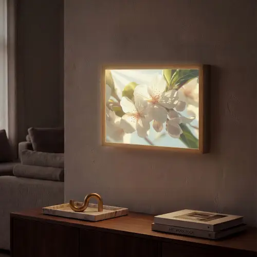 Bloesems - Wit - Zonnestralen -  Bloemblaadjes Light Box met batterij (Wandlamp) middel -sfeer1