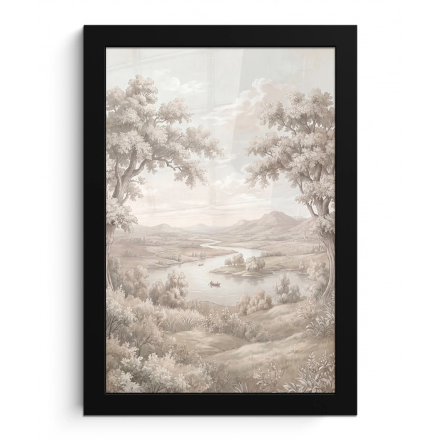Rivierlandschap - Bergen - Natuur - Vintage - Beige fotolijst zwart zonder passe partout klein -3d
