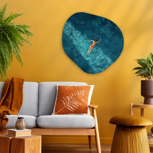 Vrouw - Water - Bikini - Oranje Wandcirkel Organisch Plexiglas middel -sfeer4