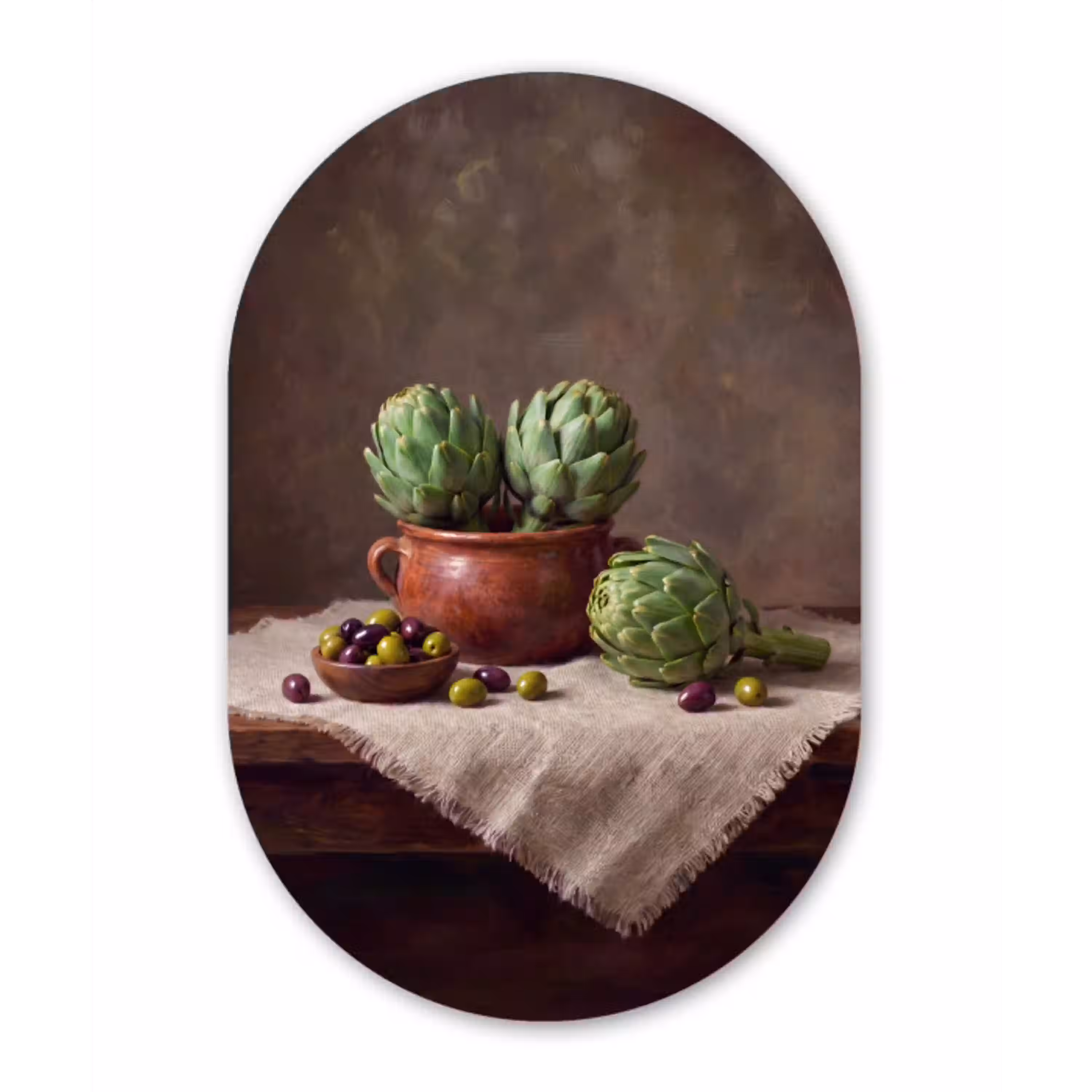 Artisjokken - Olijven - Eten Wandcirkel Ovaal Glas middel -3d