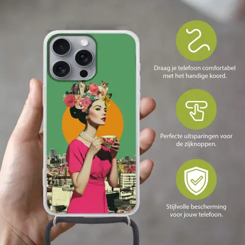 Retro - Vrouw - Stad - Zon Hoesje iPhone 16 Pro Max met koord klein -sfeer2_NL