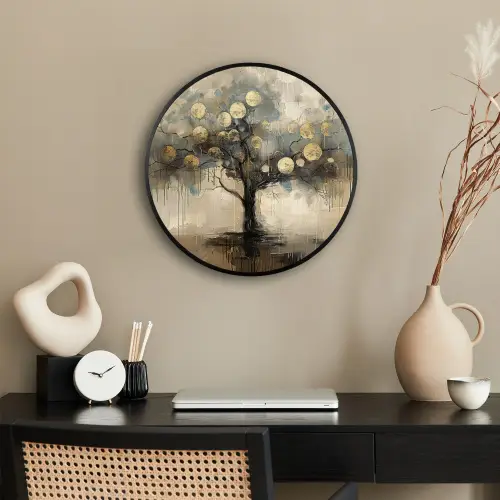Beige - Abstract - Boom - Goud Fotolijst rond zonder passe partout klein -sfeer1