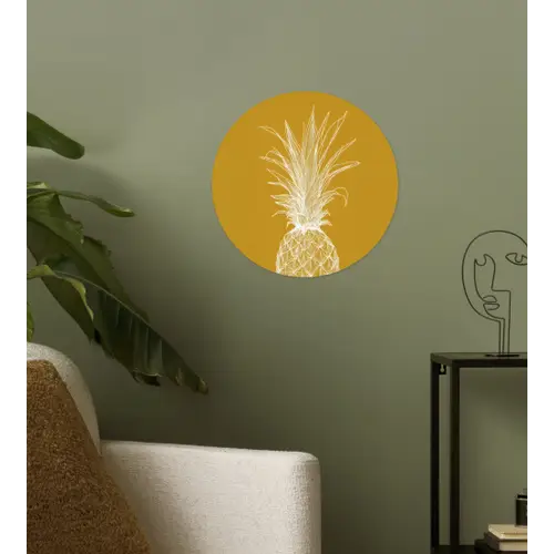 Lijnillustratie - Ananas - Bladkroon - Okergeel Wandcirkel behangsticker klein -sfeer2