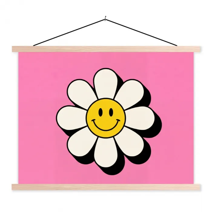 Smiley - Bloem - Roze textielposter latten blank klein -3d