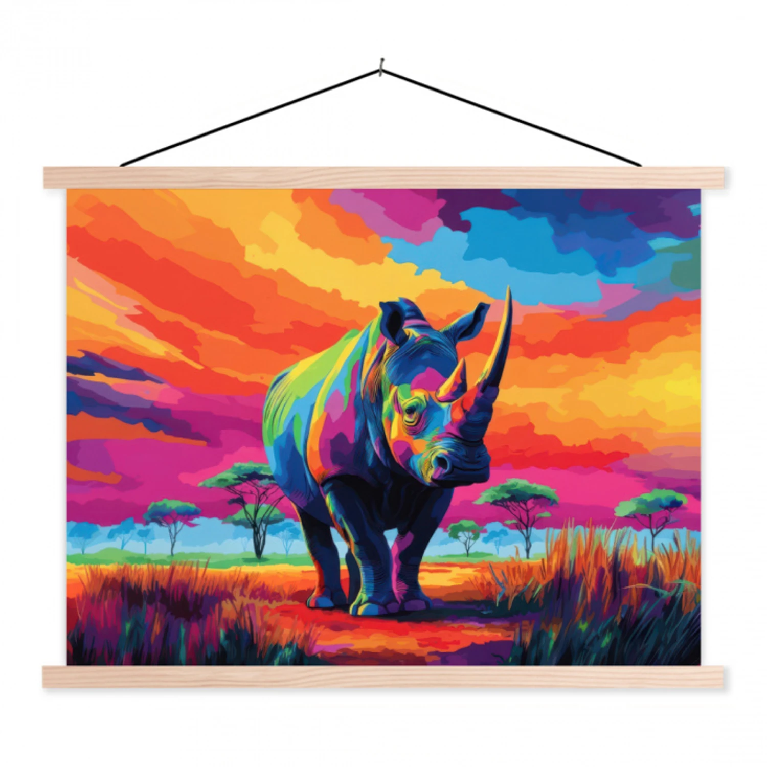 Neushoorn - Zonsondergang - Savanna - Kleurrijk textielposter latten blank klein -3d