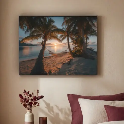 Palmbomen - Hangmat - Strand - Zonsondergang Textielframe zwart klein -sfeer1