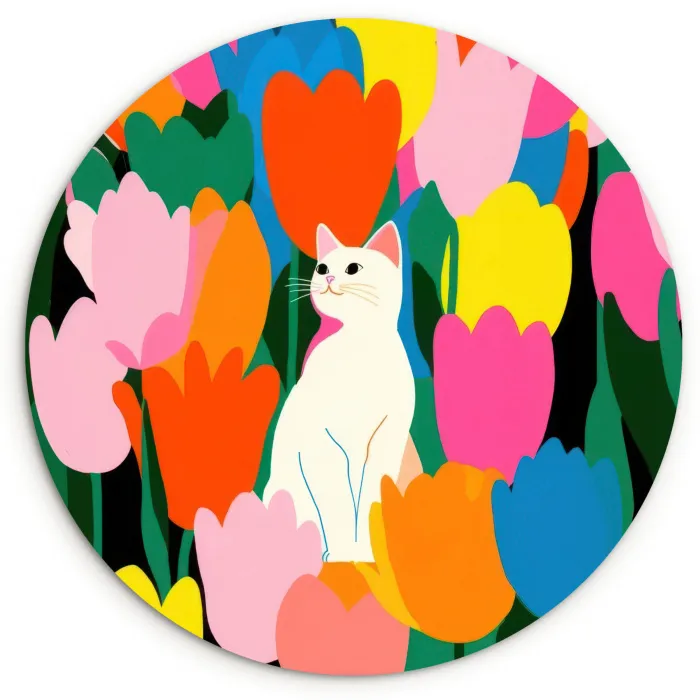 Tulpen - Kat - Kleurrijk Wandcirkel kunststof plaat 5mm dik klein -3d