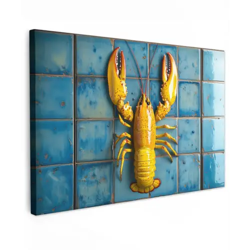 Kreeft - Geel - Blauw - Tegels Tuinposter op houten frame 2 cm dik klein -3d