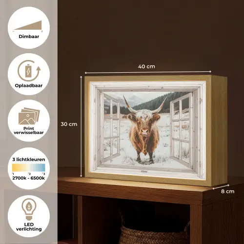 Schotse Hooglander - Winterlandschap - Landelijk - Bergen - Doorkijk Light Box met batterij (Wandlamp) middel -USP_websiteoverzichtNL