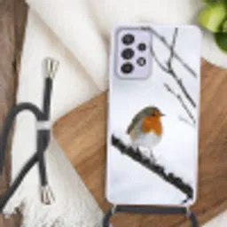 Roodborstje - Tak - Sneeuw - Winter - Levendig Hoesje Samsung Galaxy A52 5G met koord klein -sfeer4