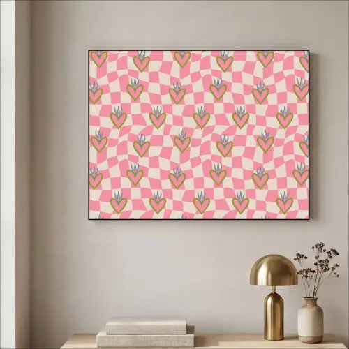 Roze - Retro - Patroon - Geblokt Textielframe zwart klein 947 -sfeer2