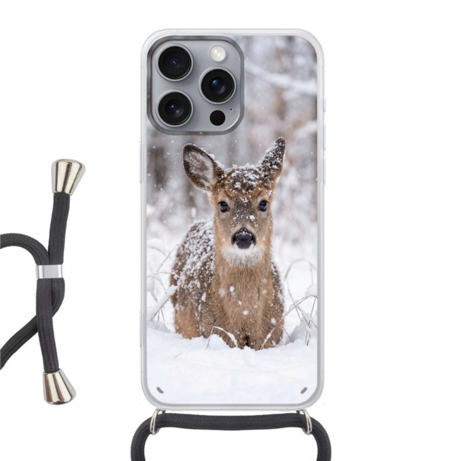 Hert - Sneeuw - Bos - Dieren - Vertederend Hoesje iPhone 16 Pro Max met koord klein -3d