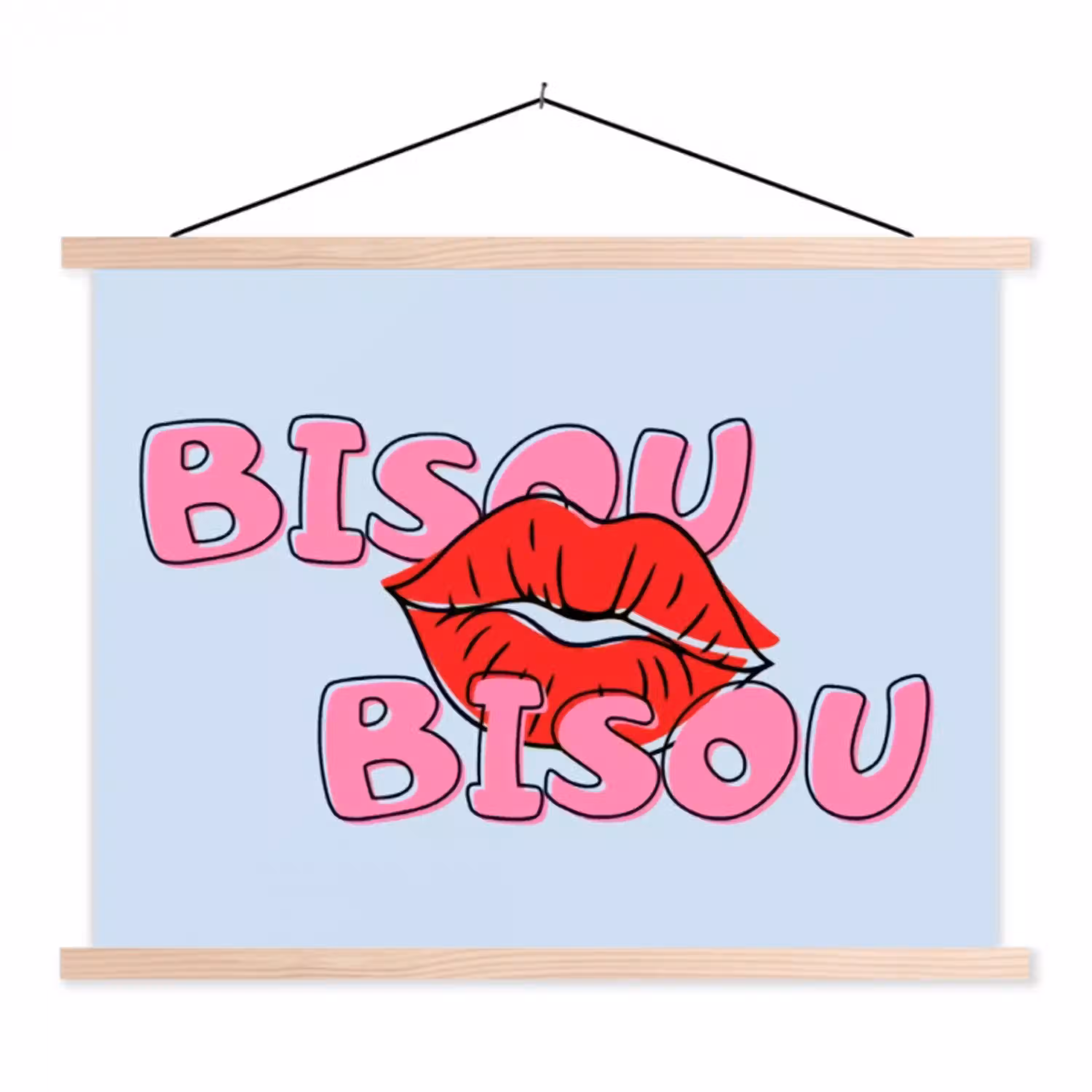 Bisou - Blauw - Roze - Lippen textielposter latten blank klein -3d