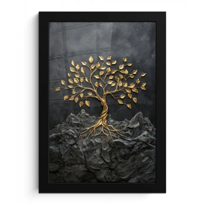Bladeren - Goud - Boom - Rots fotolijst zwart zonder passe partout klein -3d