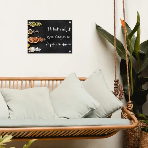Ik gooi dingen in de pan en duim - Keuken - Quotes - Spreuken - Humor tuinposter los doek klein -sfeer7