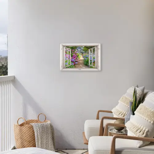 Hortensia - Doorkijk - Bloemen - Zomer - Paars - Pad Tuinposter op houten frame 2 cm dik klein -sfeer1