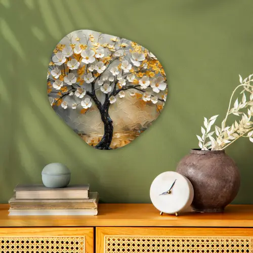 Boom - Bloemen - Goud - Beige Wandcirkel Organisch Forex 3mm klein -sfeer2