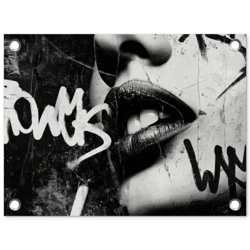 Gezicht - Mond - Graffiti - Zwart tuinposter los doek klein -3d