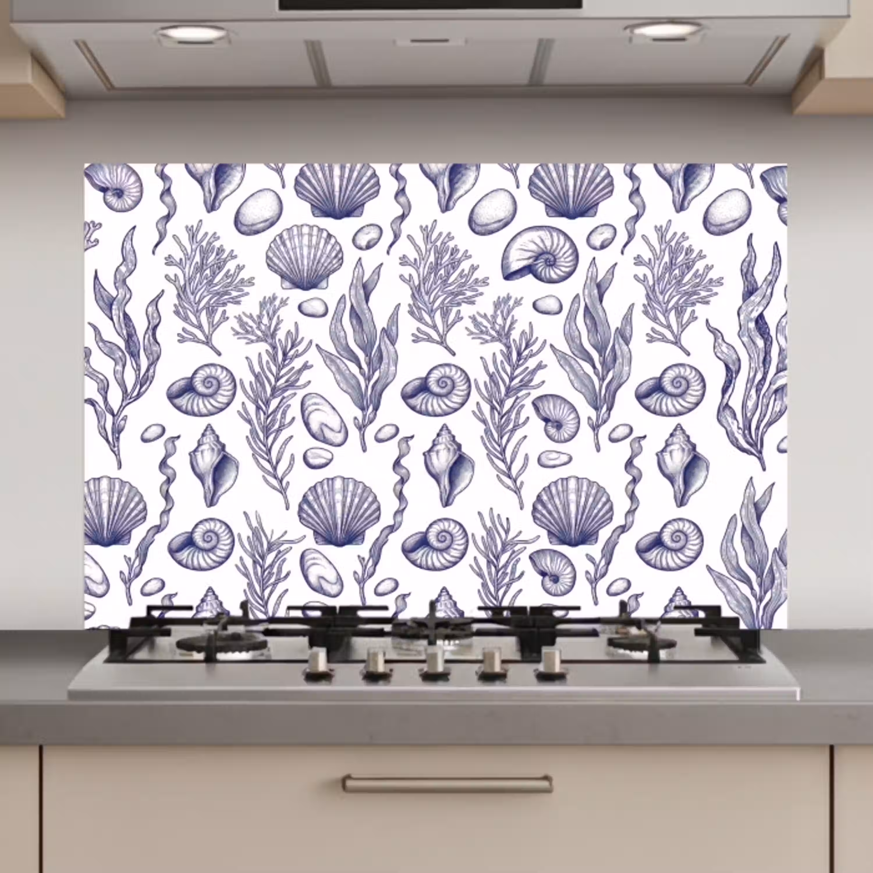 Schelpen - Zeewier - Oceaan - Illustratie - Blauw keuken achterwand spatscherm klein -3d_website