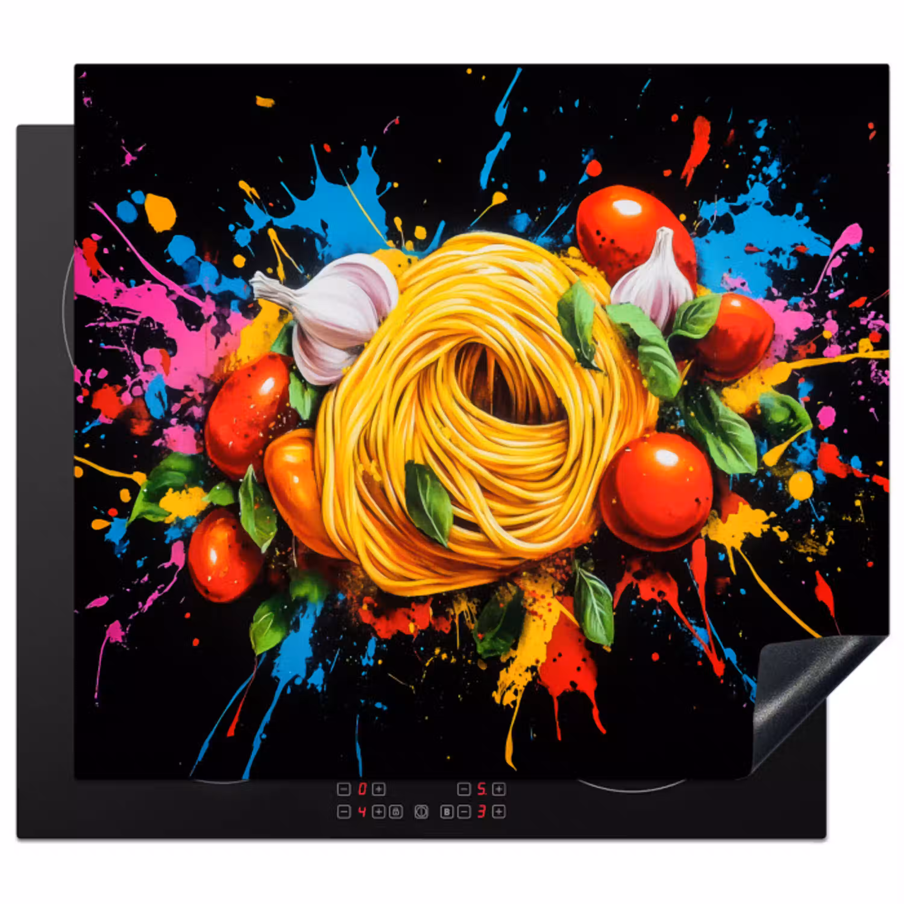 Spaghetti - Graffiti - Verf - Kleurrijk - Eten - Modern Inductie beschermer vinyl 3mm middel -3d