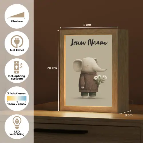 Olifant - Witte bloemen - Kindvriendelijk Light Box met kabel (Kinderlampje) klein -USP_NL