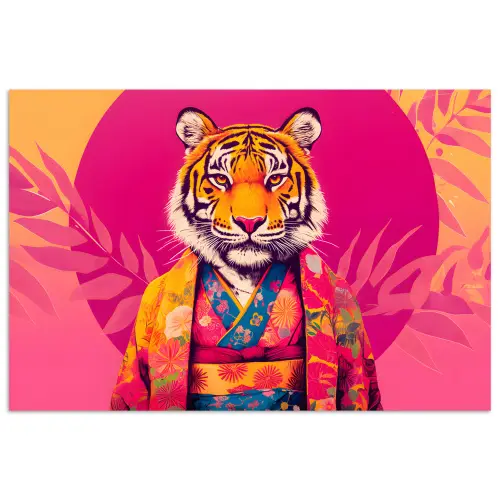 Tijger - Kimono - Planten - Roze poster papier klein -3d