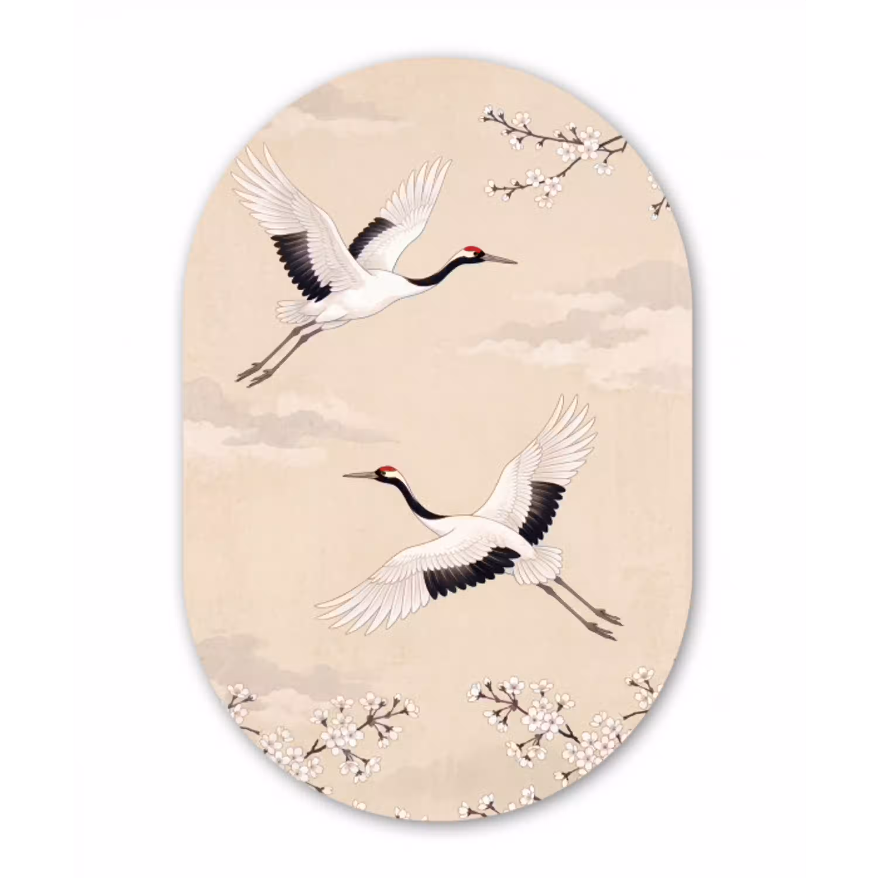 Kraanvogels - Bloesem - Beige Wandcirkel Ovaal Aluminium middel -3d