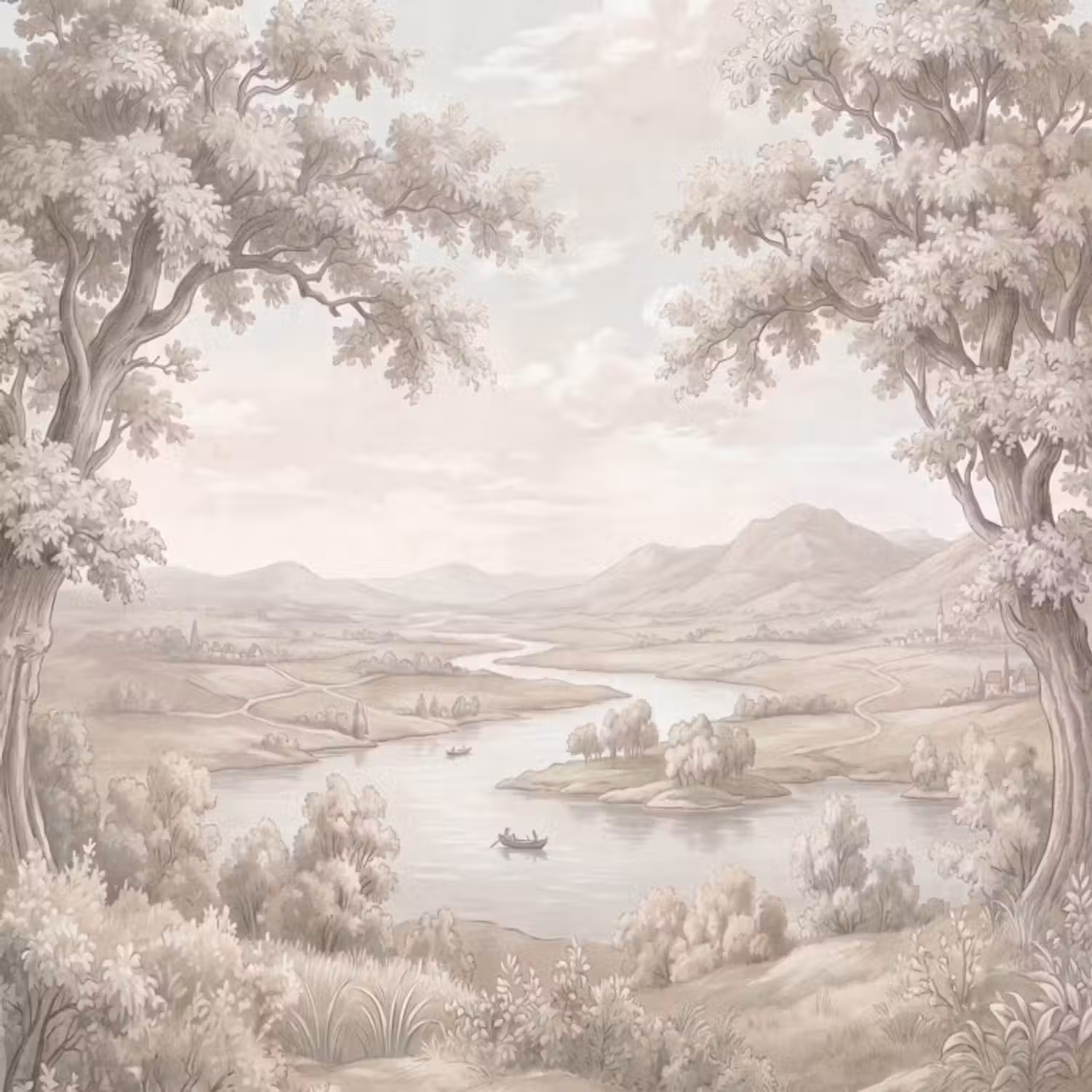 Tapete - Flusslandschaft - Berge - Natur - Vintage - Beige