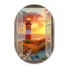 Doorkijk - Raam - Vuurtoren - Zonsondergang - Strand Wandcirkel Ovaal Glas middel -3d