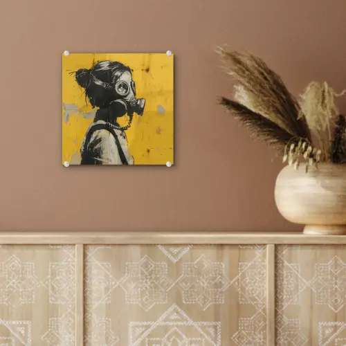 Vintage - Street art - Meisje - Masker - Geel - Banksy plexiglas 5mm klein -sfeer5