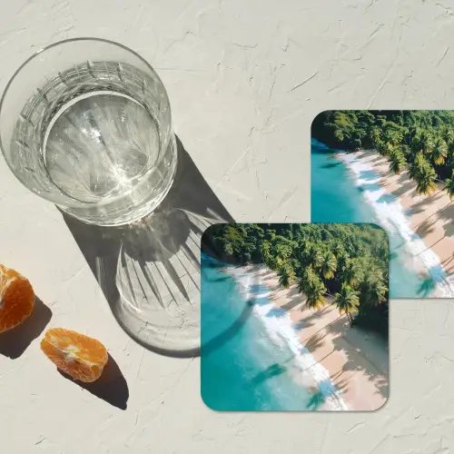 Tropisch - Strand - Water - Palmbomen onderzetter kurk middel -sfeer4