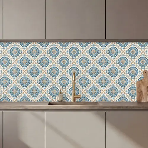 Tegel - Patroon - Blauw - Goud keuken achterwand 2 middel 871 zz_3dshopping