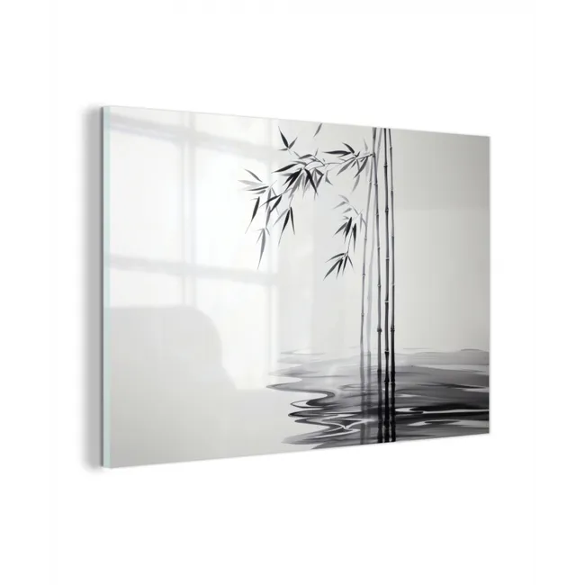 Glas schilderij - Bamboestammen - Water - Minimalistisch - Wit