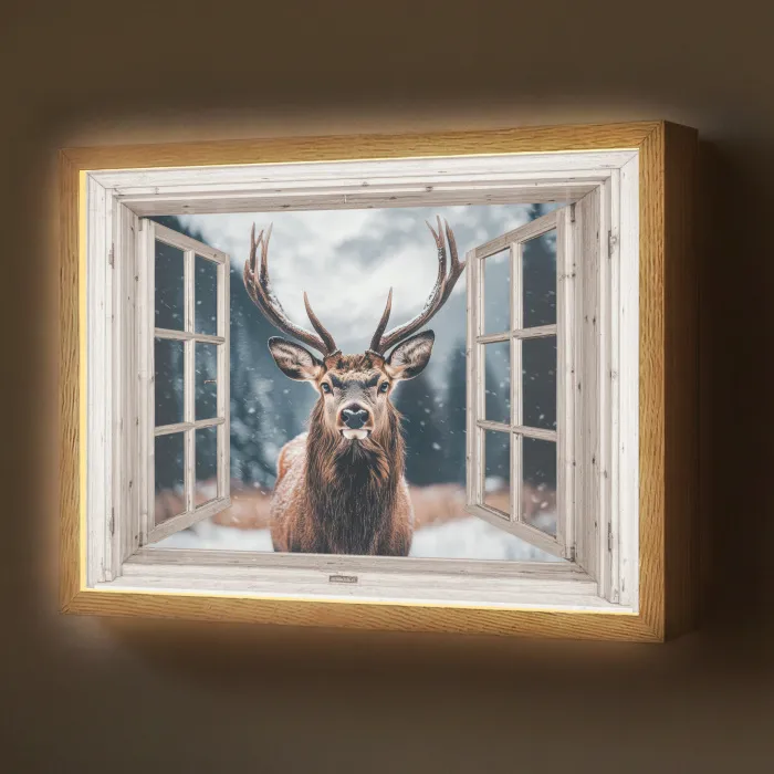 Hert - Dieren - Landschap - Winter - Sneeuw - Doorkijk - Natuur Light Box met batterij (Wandlamp) middel -z3d_website