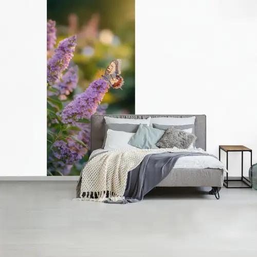 Sierlijke - Vlinder - Paarse - Bloemen fotobehang vinyl groot -slaapkamer