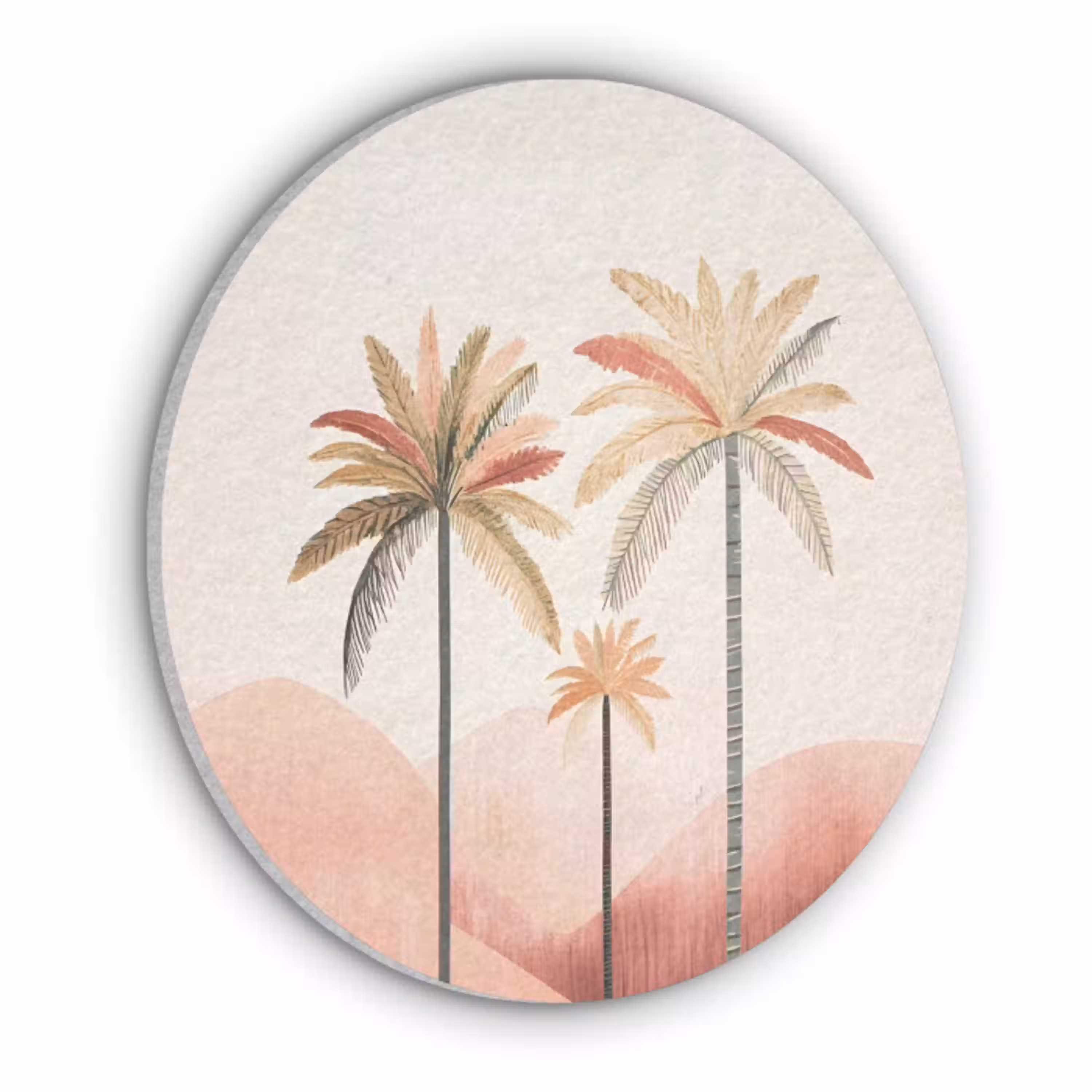 Palmbomen - Heuvels - Minimalistisch - Zachtroze Akoestische PET Vilt - Rond klein -3d