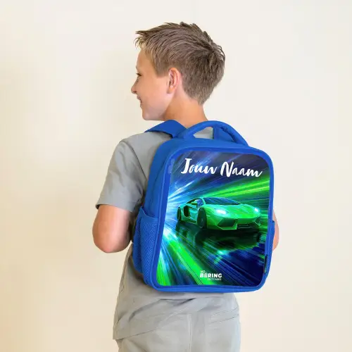 Sportauto - Groen - Snelheidslijnen - Neon Kinderrugzak - Blauw middel -sfeer2