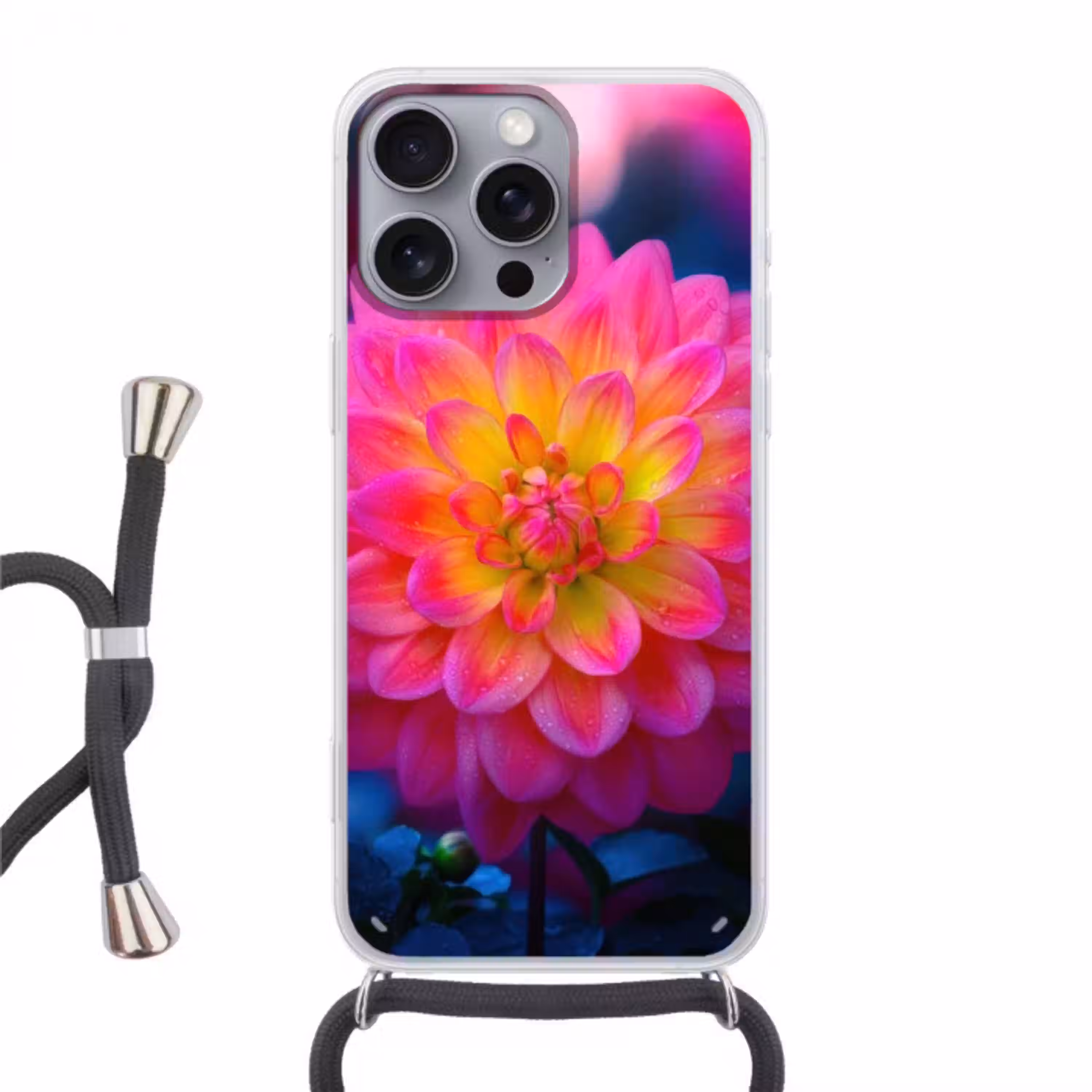 Roze - Dahlia - Kleurrijk Hoesje iPhone 16 Pro Max met koord klein -3d