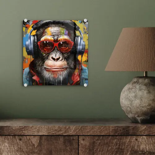 Chimpansee - Aap - dieren - Graffiti - Bril - Koptelefoon - Kleuren plexiglas 5mm klein -sfeer3