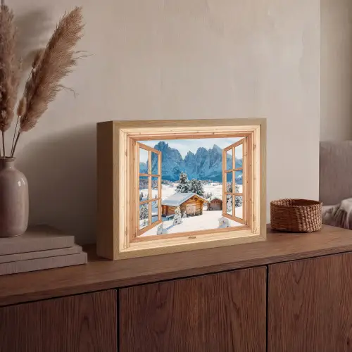 Doorkijk - Winterlandschap - Huisje - Bergen - Uitzicht Light Box met batterij (Wandlamp) middel -sfeer2