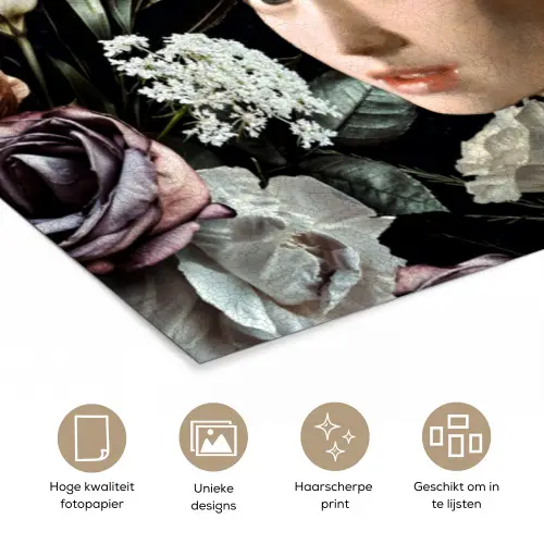 Meisje met de parel - Bloemen - Vermeer - Pastel - Kunstwerk - Schilderij - Oude meesters poster papier klein -closeup_NL