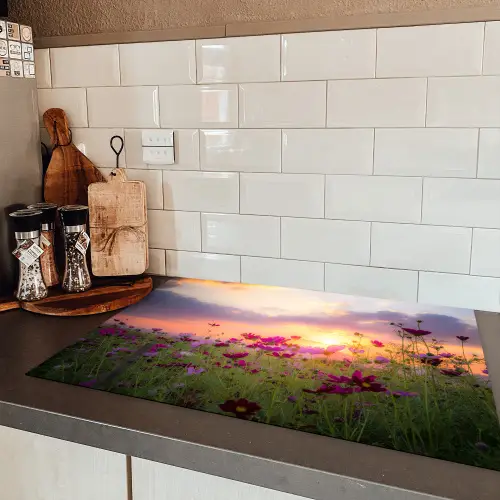 Bloemen - Roze - Zonsondergang - Natuur - Weide - Horizon Inductie beschermer vinyl 3mm klein -sfeer3